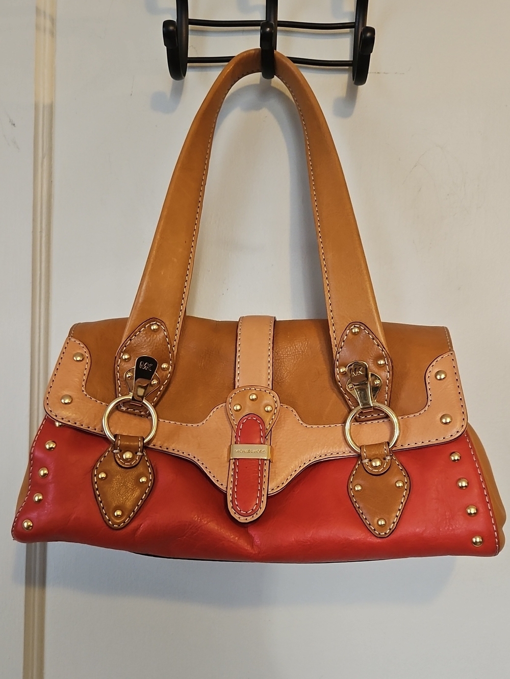 Michael Michael KORS Vintage Saddle Leather Shoulder Bag- Brown, Tan & Red